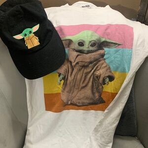 Star Wars White T-Shirt with Baby Yoda Design with a Star Wars hat to match